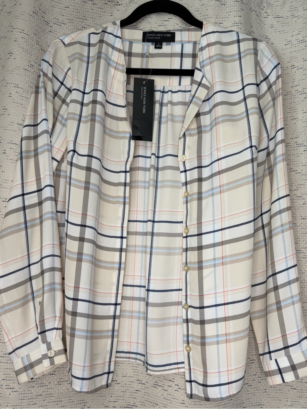 Jones New York Cream Plaid Button-Down Shirt with Navy & Gray Stripes